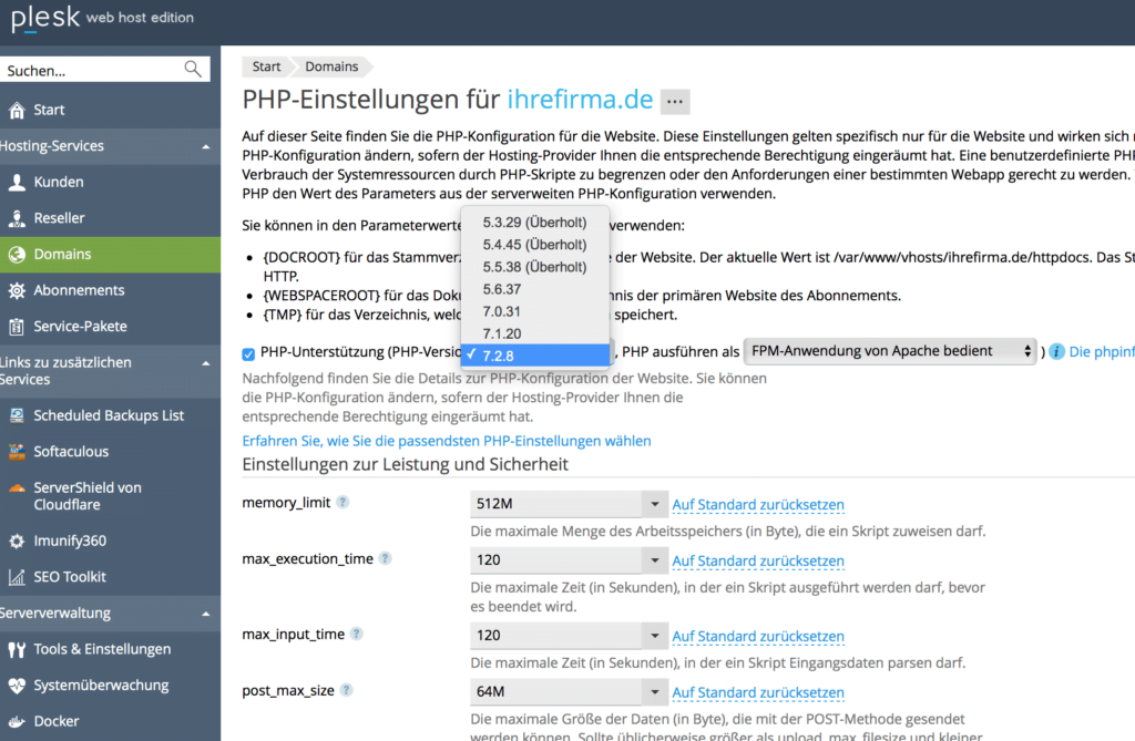 adaptations de la version plesk-php