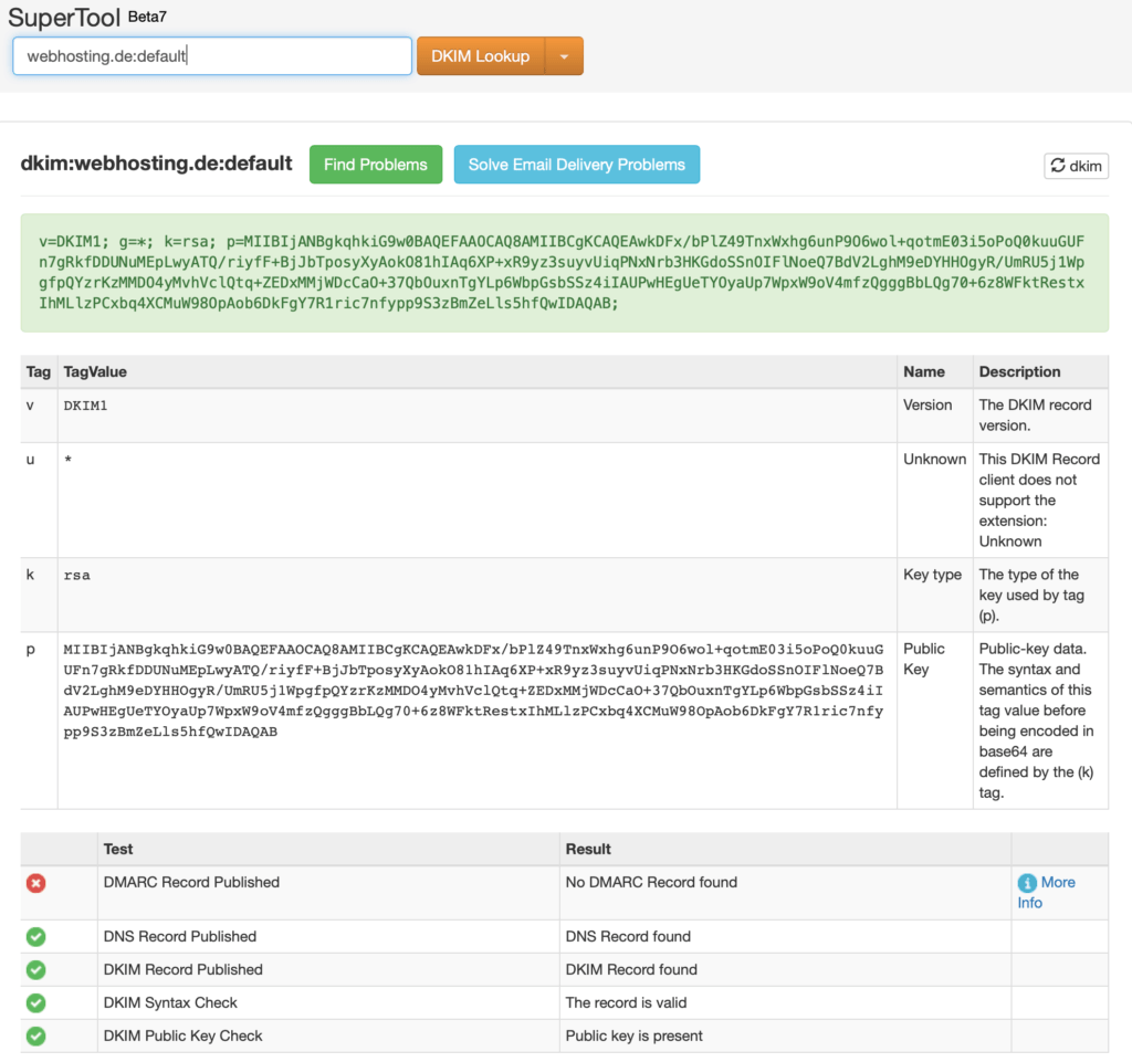 Vérifier l'entrée DKIM avec mxtoolbox