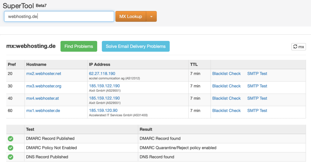 Vérifiez les entrées pour DKIM, SPF, DMARC