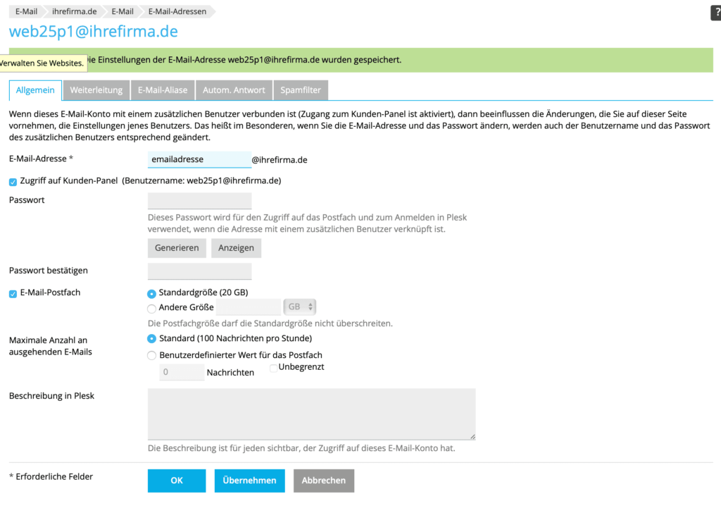 Renommer l'adresse électronique de Plesk