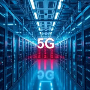 Centre de données futuriste avec des antennes 5G et des serveurs représentant des connexions à haut débit et une technologie avancée