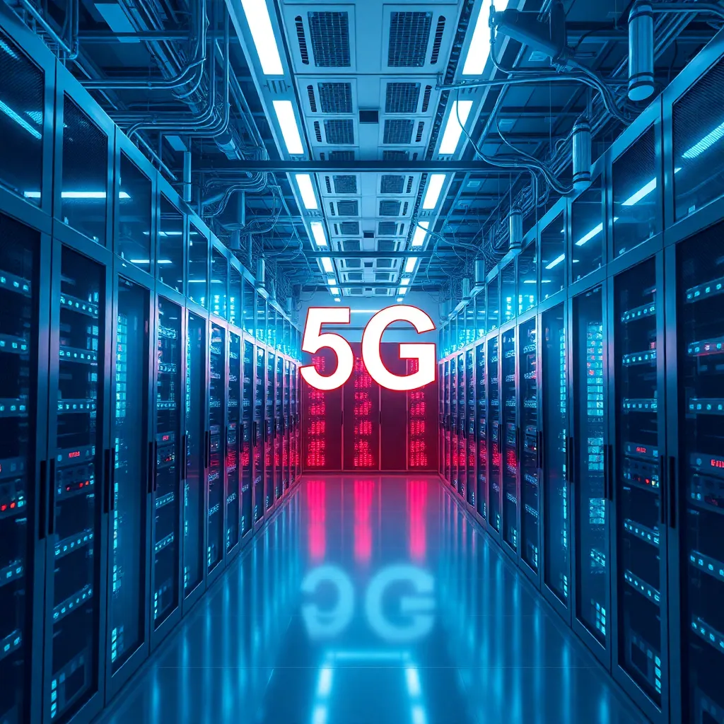 Centre de données futuriste avec des antennes 5G et des serveurs représentant des connexions à haut débit et une technologie avancée