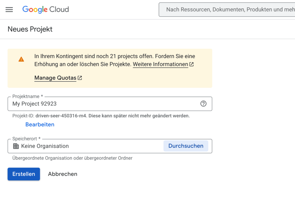 Google Cloud Console nouveau projet