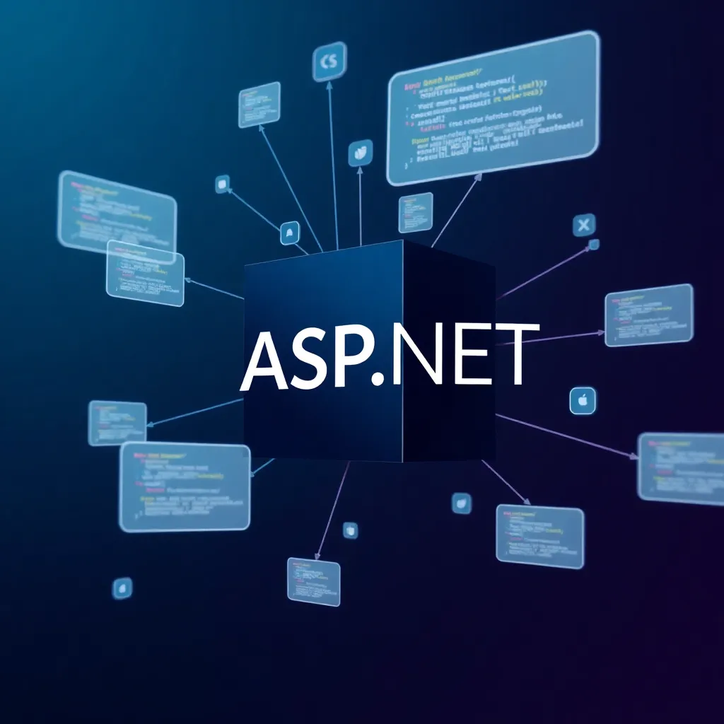 Représentation visuelle du framework ASP.NET avec des composants web en réseau et des extraits de code