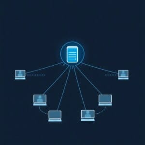 Visualisation abstraite de la bande passante dans l'hébergement web avec les flux de données entre le serveur et les appareils des utilisateurs