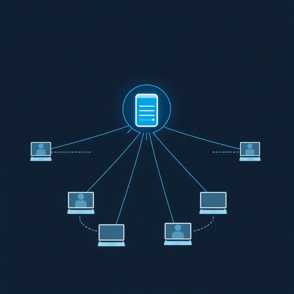 Visualisation abstraite de la bande passante dans l'hébergement web avec les flux de données entre le serveur et les appareils des utilisateurs