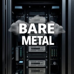 Bare Metal Cloud Server rack avec des composants matériels visibles et la symbolique du cloud en arrière-plan