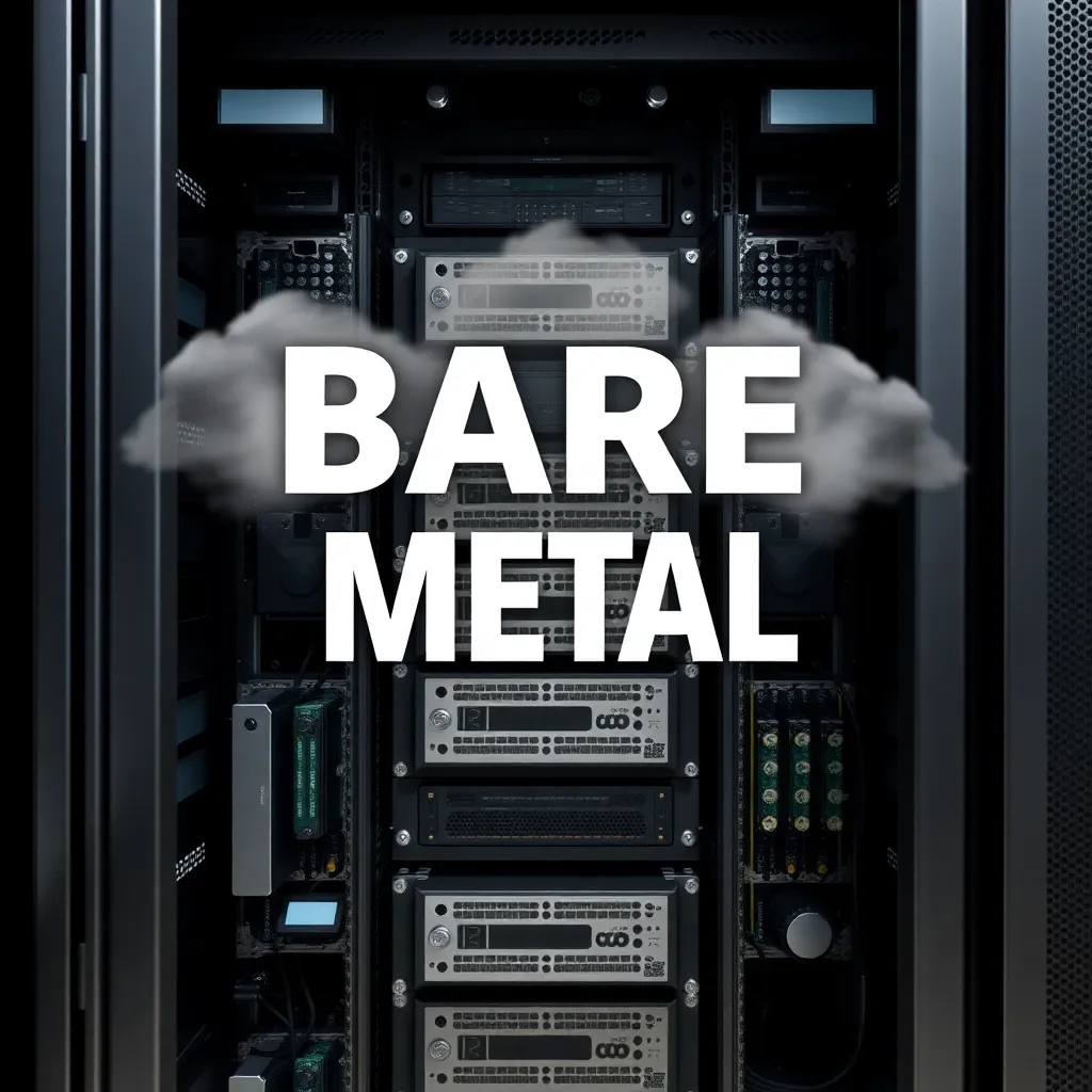 Bare Metal Cloud Server rack avec des composants matériels visibles et la symbolique du cloud en arrière-plan