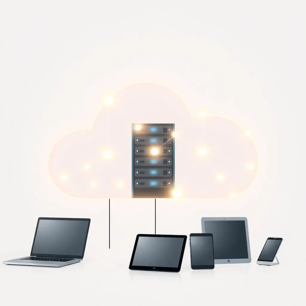 Représentation abstraite de l'hébergement en nuage avec des serveurs en réseau sous forme de nuage et des terminaux connectés