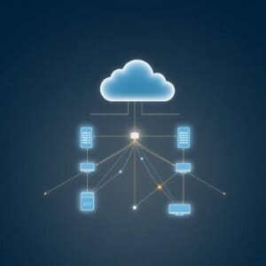 Représentation abstraite de l'orchestration cloud-to-edge avec des nœuds et des flux de données en réseau