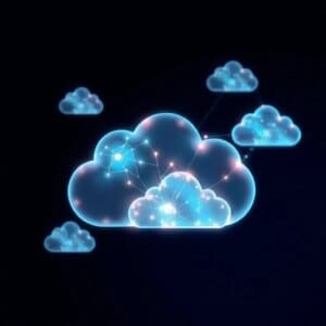 Représentation abstraite du cloud computing cognitif avec des formes de nuages en réseau et des motifs de réseaux neuronaux lumineux