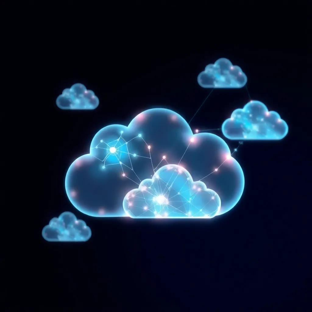 Représentation abstraite du cloud computing cognitif avec des formes de nuages en réseau et des motifs de réseaux neuronaux lumineux