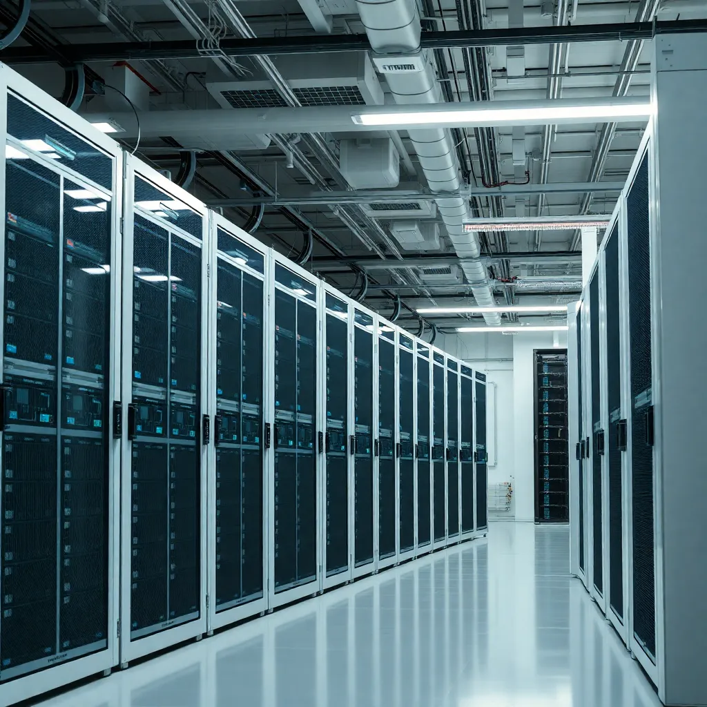 Centre de données moderne pour l'hébergement en colocation avec racks de serveurs et systèmes de refroidissement