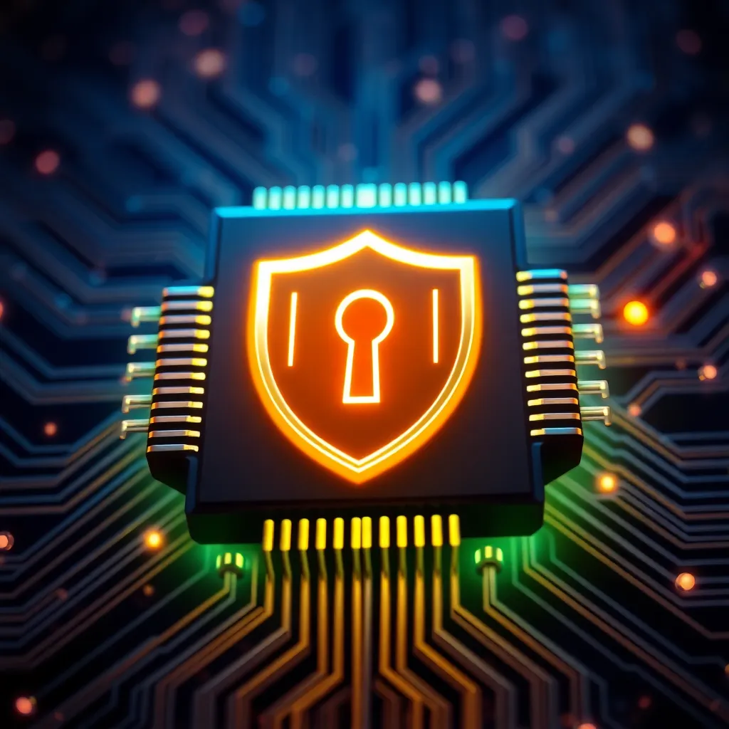 Illustration d'une puce informatique sécurisée avec un bouclier lumineux comme symbole de l'informatique confidentielle