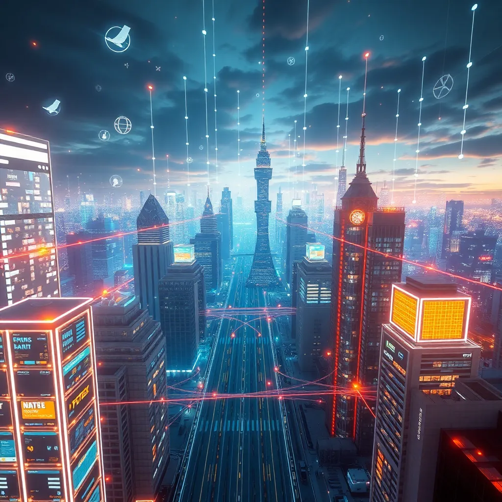 Paysage urbain futuriste avec des appareils et des systèmes intelligents en réseau, illustrant l'intégration des mondes numérique et physique grâce aux systèmes cyber-physiques.