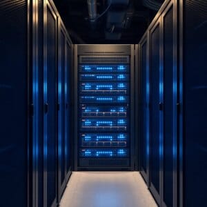 Rack de serveurs moderne avec des serveurs dédiés lumineux dans un centre de données