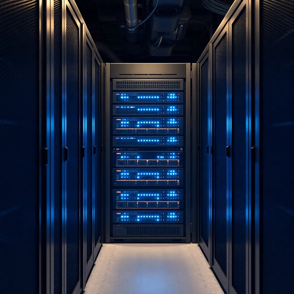 Rack de serveurs moderne avec des serveurs dédiés lumineux dans un centre de données