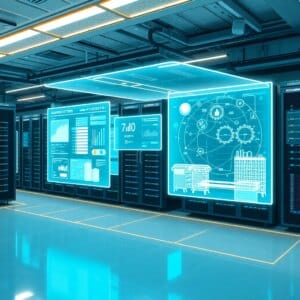 Représentation futuriste de la salle des serveurs avec la technologie Digital Twin pour l'hébergement
