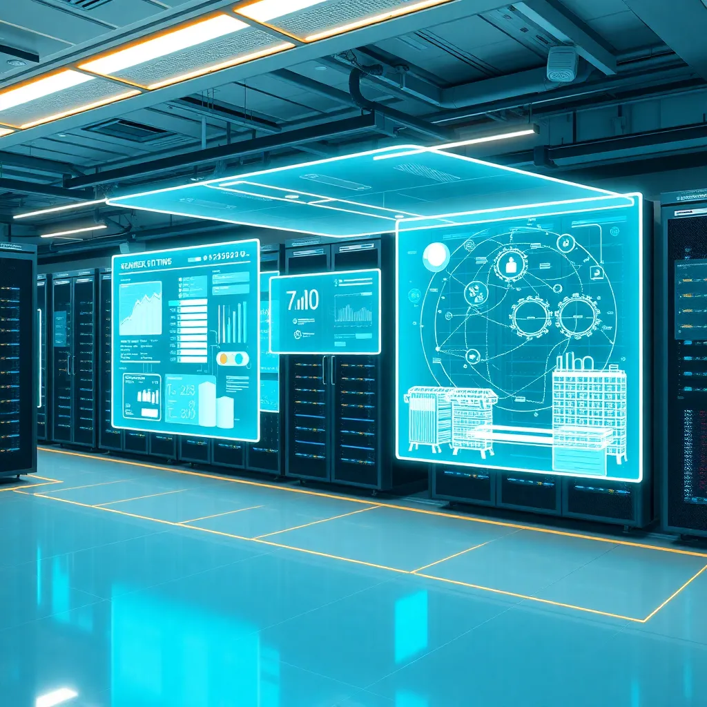 Représentation futuriste de la salle des serveurs avec la technologie Digital Twin pour l'hébergement