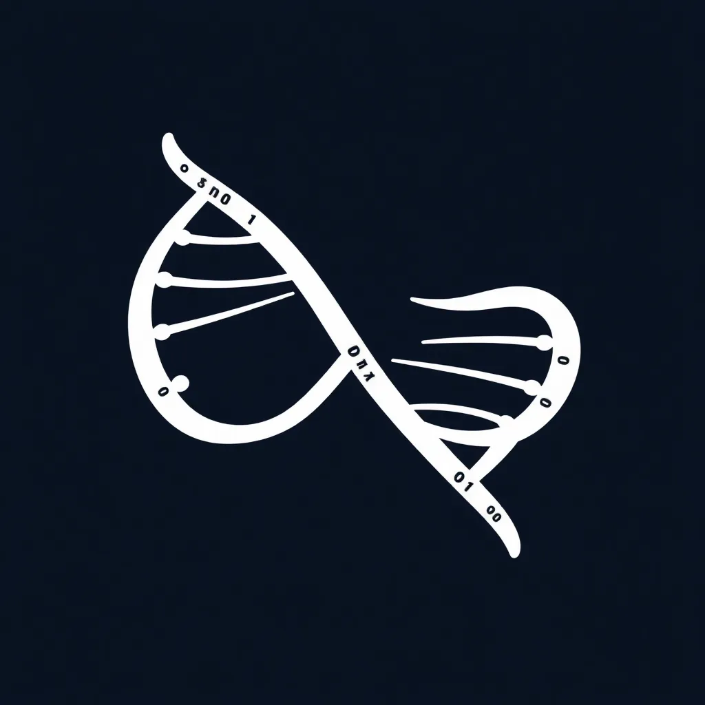 Représentation stylisée d'une double hélice d'ADN avec un code binaire tissé, visualisant le concept de stockage de données ADN
