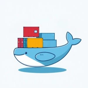 Illustration de la technologie de conteneur Docker'avec une baleine stylisée portant des conteneurs colorés