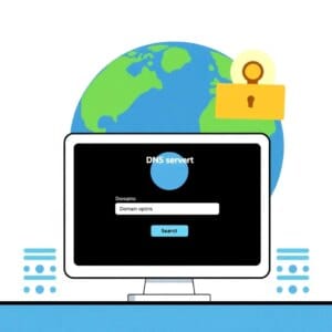 Illustration du processus d'enregistrement de domaine avec écran d'ordinateur, barre de recherche et globe Internet