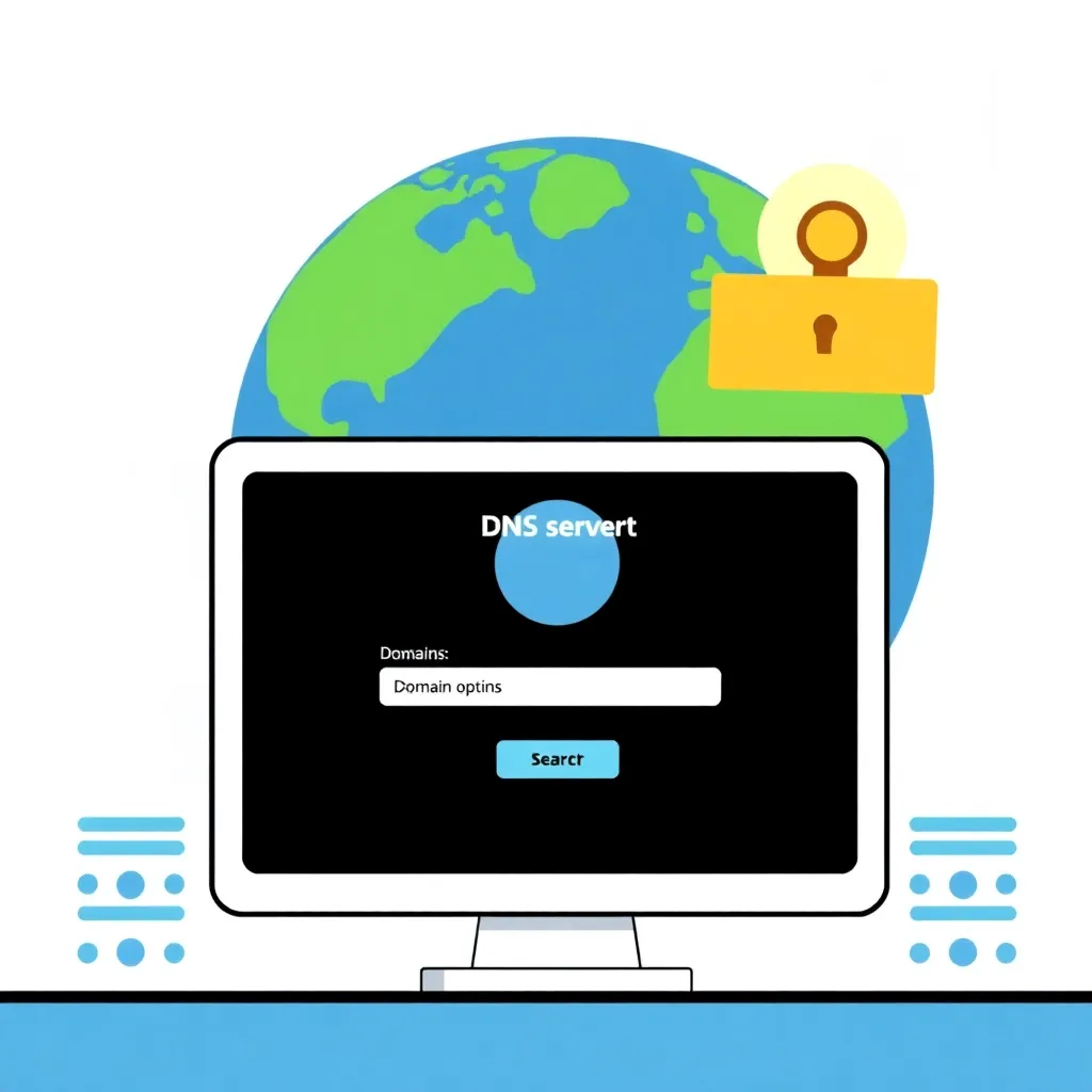 Illustration du processus d'enregistrement de domaine avec écran d'ordinateur, barre de recherche et globe Internet