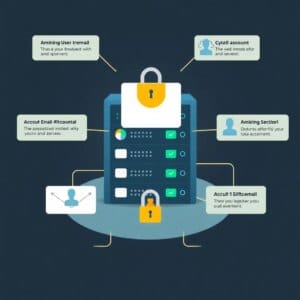 Représentation graphique d'un serveur de messagerie sécurisé avec plusieurs comptes utilisateurs, cryptage et fonctions de protection des données