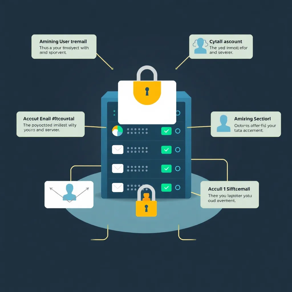 Représentation graphique d'un serveur de messagerie sécurisé avec plusieurs comptes utilisateurs, cryptage et fonctions de protection des données