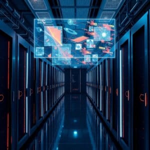 Centre de calcul futuriste avec superordinateurs exascale et visualisation holographique des données
