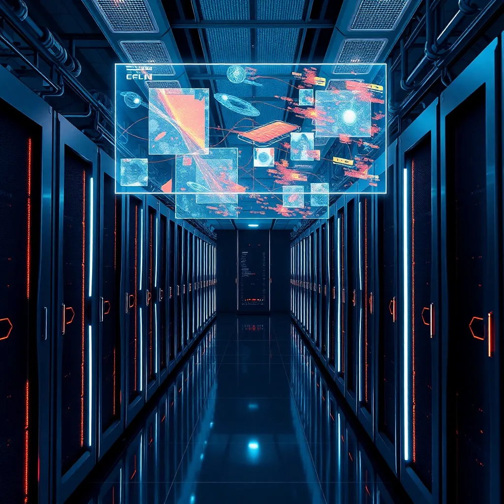 Centre de calcul futuriste avec superordinateurs exascale et visualisation holographique des données