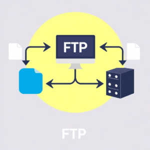 Représentation graphique du protocole de transfert de fichiers (FTP) avec ordinateur, serveur et flèches de transfert de fichiers