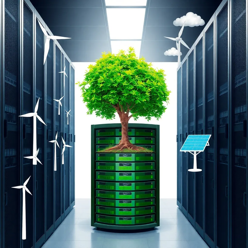 Rack de serveur vert avec symboles d'énergie renouvelable dans un centre de données