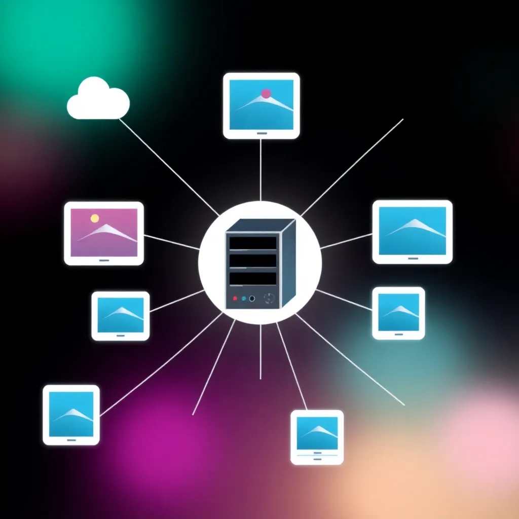 Illustration abstraite du concept d'hébergement d'images avec un serveur central et des appareils en réseau