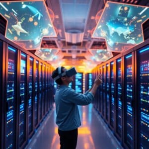 Centre de données futuriste pour l'hébergement immersif avec des écrans AR/VR et une infrastructure de serveurs