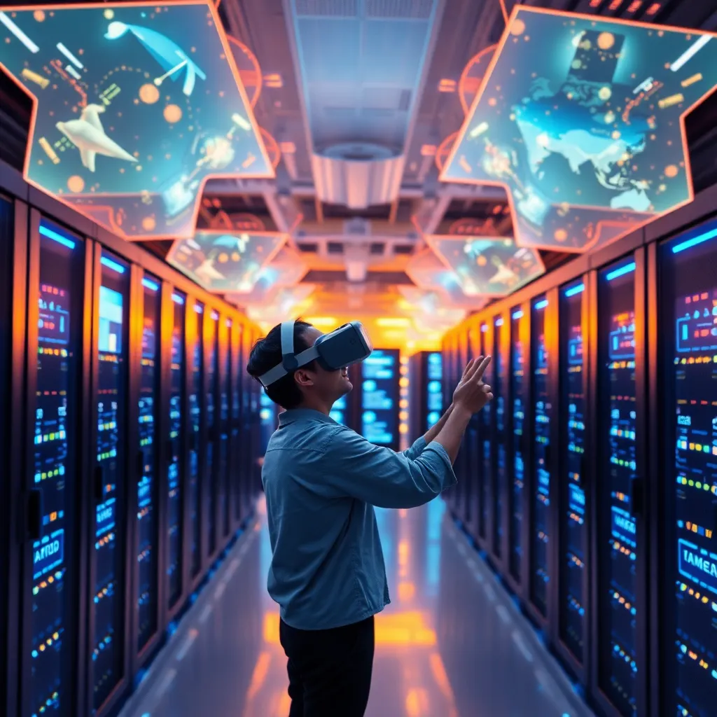 Centre de données futuriste pour l'hébergement immersif avec des écrans AR/VR et une infrastructure de serveurs