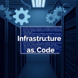 Représentation visuelle de l'Infrastructure as Code : Le code se transforme en racks de serveurs et en composants réseau