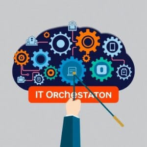 Représentation visuelle de l'orchestration informatique avec des engrenages en réseau et une baguette de chef d'orchestre