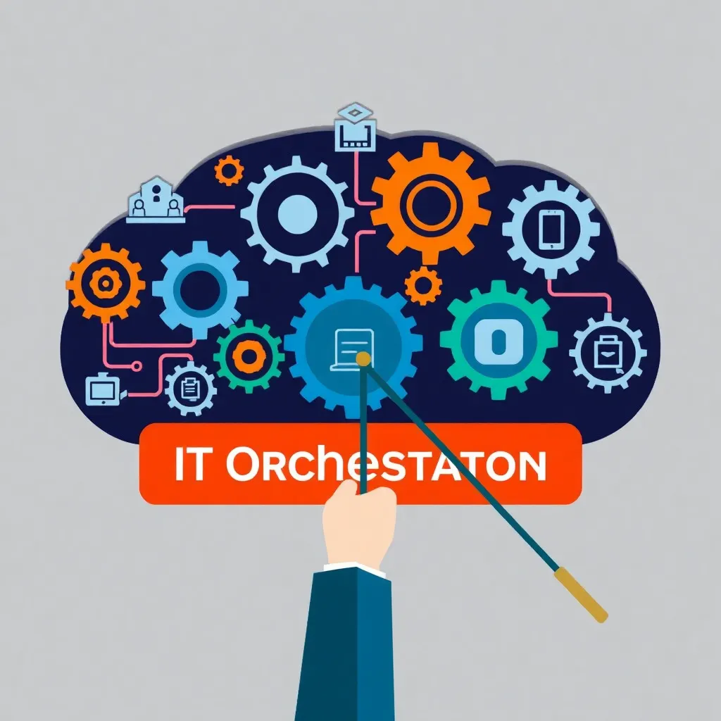 Représentation visuelle de l'orchestration informatique avec des engrenages en réseau et une baguette de chef d'orchestre