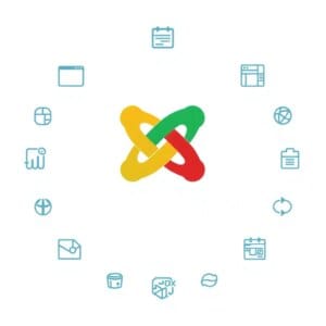 Logo Joomla entouré d'icônes de design web et de fonctions CMS