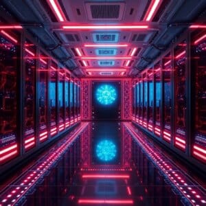 Salle de serveurs futuriste avec des systèmes contrôlés par l'IA et des affichages holographiques