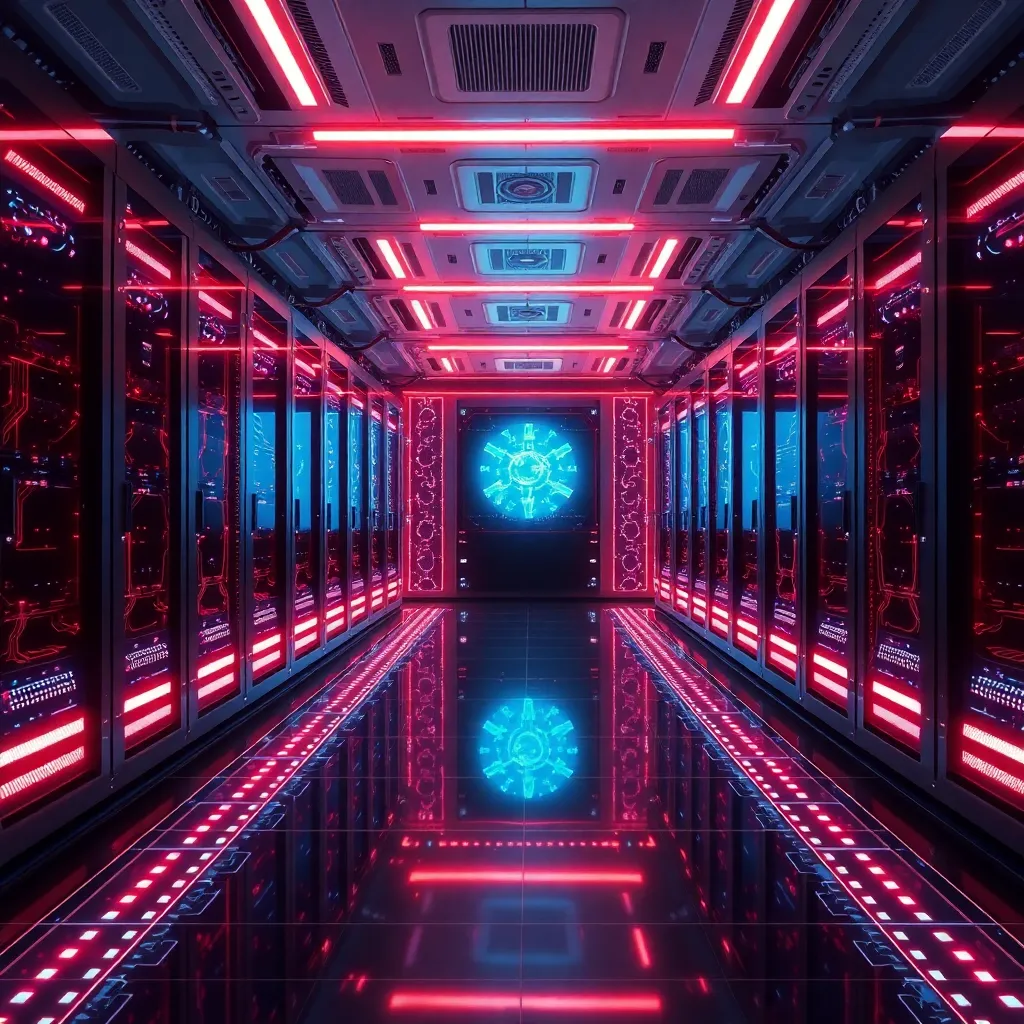 Salle de serveurs futuriste avec des systèmes contrôlés par l'IA et des affichages holographiques
