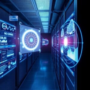 Représentation futuriste de la salle des serveurs avec gestion assistée par IA