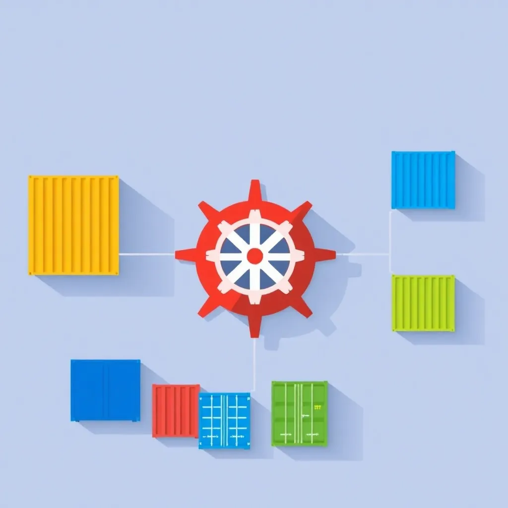 Roue de contrôle Kubernetes entourée de conteneurs en réseau, symbolisant l'orchestration de conteneurs