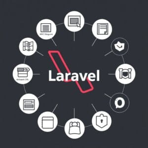 Illustration du logo Laravel entouré d'icônes pour l'architecture MVC, Eloquent ORM, Artisan CLI et les composants de sécurité