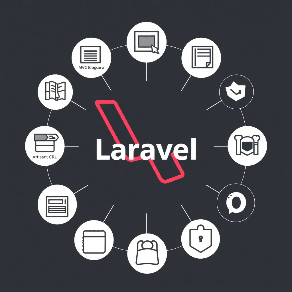 Illustration du logo Laravel entouré d'icônes pour l'architecture MVC, Eloquent ORM, Artisan CLI et les composants de sécurité