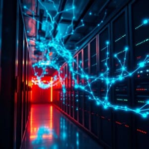 Paysage futuriste de serveurs avec connexions de réseaux neuronaux symbolisant l'apprentissage automatique dans la gestion des serveurs