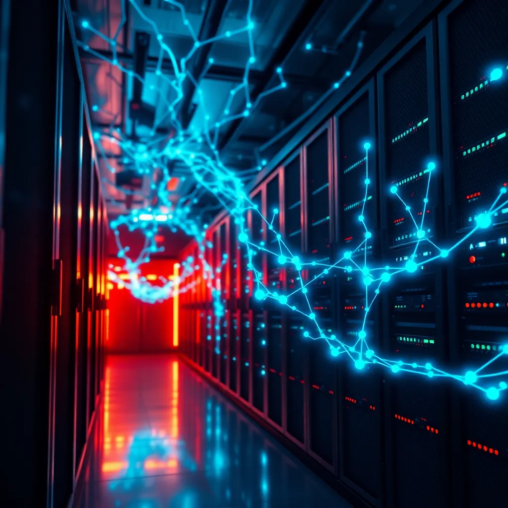 Paysage futuriste de serveurs avec connexions de réseaux neuronaux symbolisant l'apprentissage automatique dans la gestion des serveurs