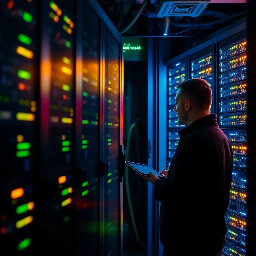 Rack de serveur professionnel avec technicien symbolisant les services d'hébergement gérés