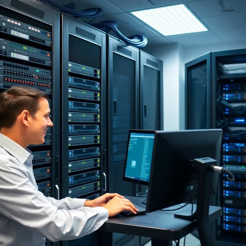 Salle de serveur d'hébergement géré avec un technicien au travail